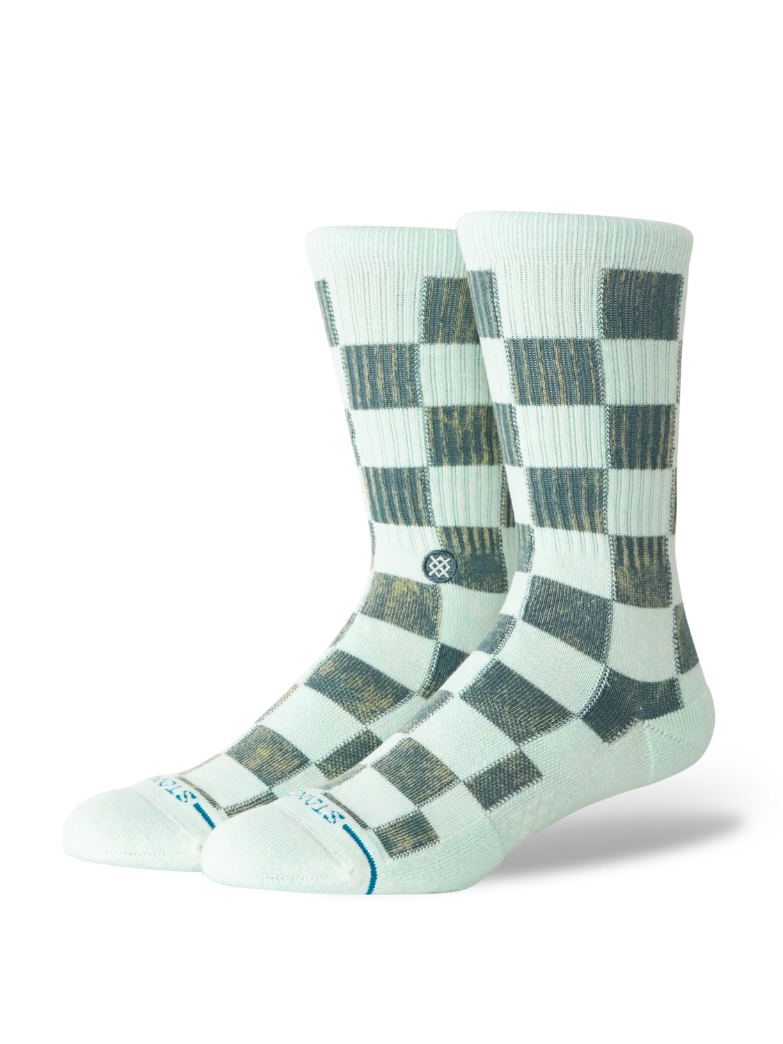 Stance Dance Floor Dusty Aqua checkerboard crew socks – angled view