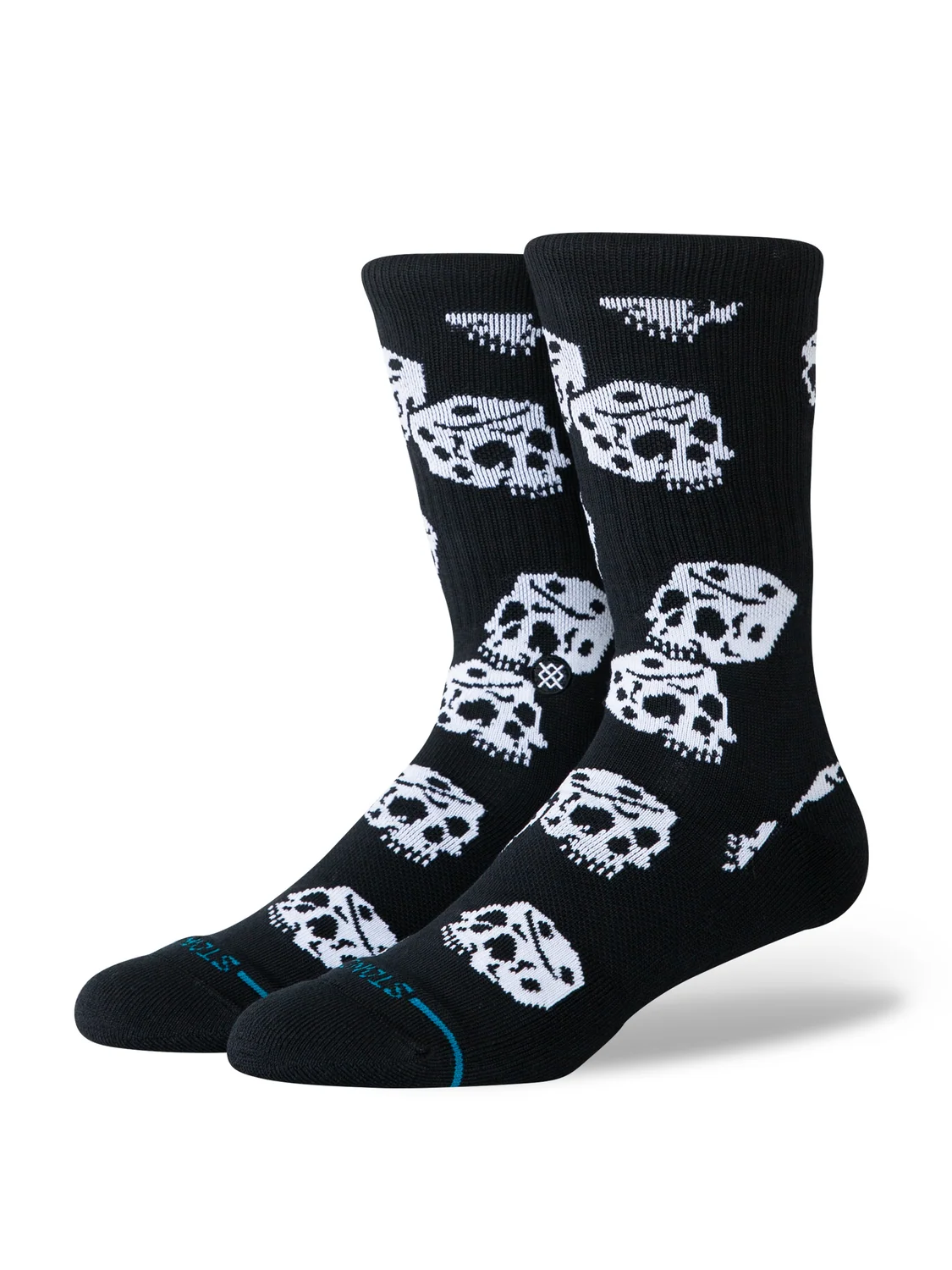 Stance Die Up black crew socks white skull dice pattern angled view