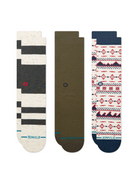 Stance Marine Layer three pack crew socks in navy multi with patterned, olive and striped pairs – angled view