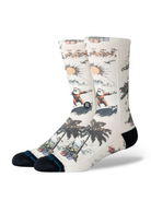 Stance San O Claus cream crew socks with surfing Santa, palm trees and black toes – angled view