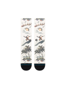 Stance San O Claus cream socks full front showcasing Santa surfing tropical Christmas scene