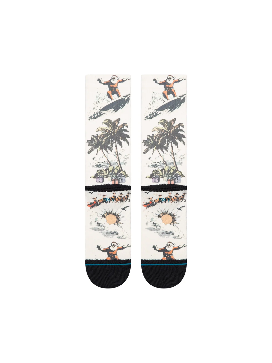 Stance San O Claus cream crew socks rear view showing seaside Santa, palm trees and sleigh