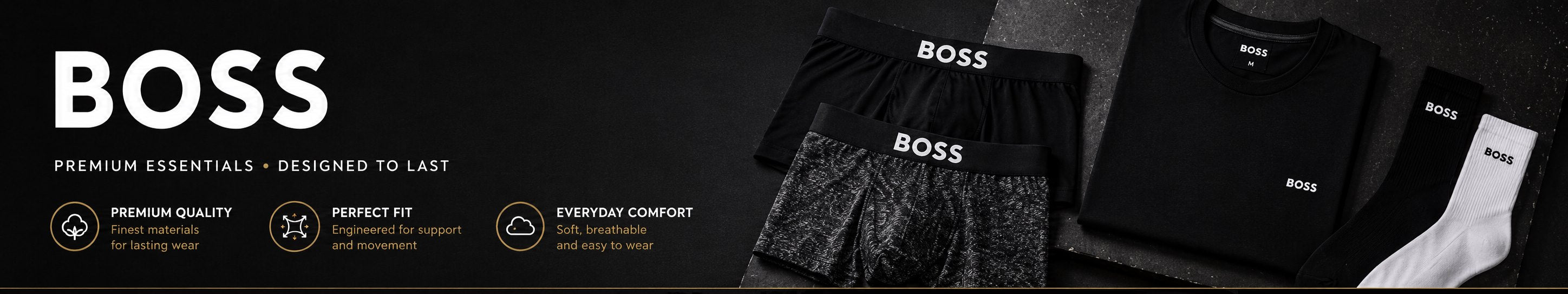 BOSS men’s underwear, boxers, trunks, T-shirts and socks collection.