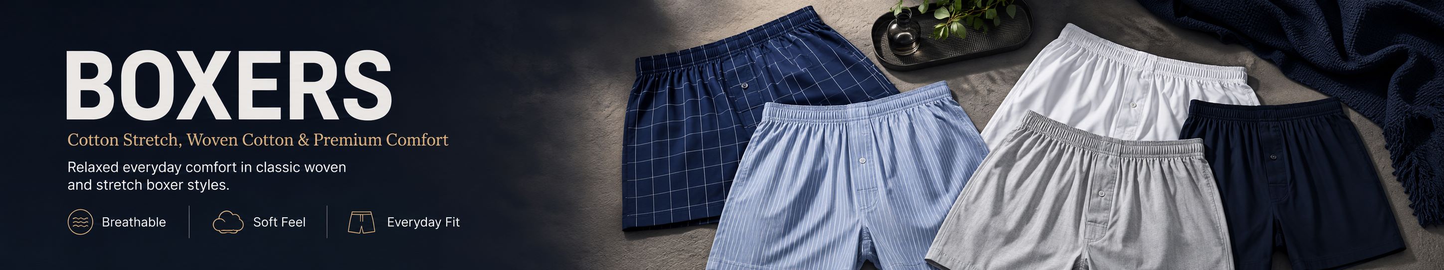 Men’s boxers made from cotton stretch, woven cotton, microfiber, and bamboo for unbeatable comfort and a perfect fit. These premium fabrics offer breathability, moisture-wicking, and softness, making them ideal for everyday wear.