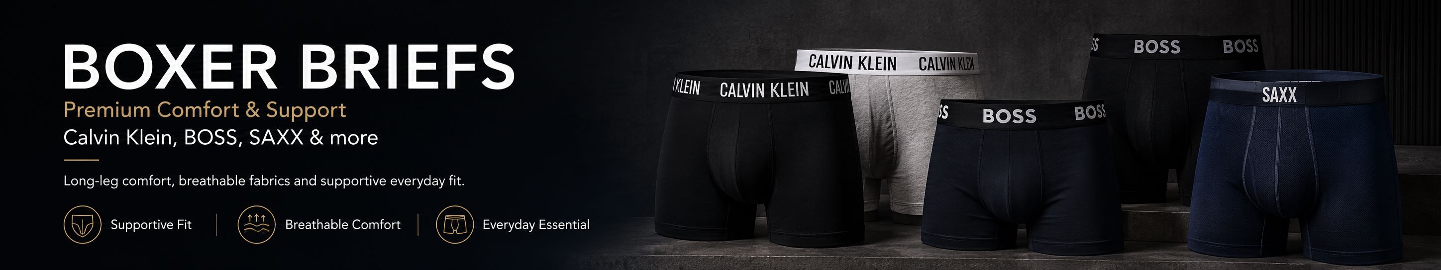 Men’s boxer briefs for supportive everyday comfort, breathable performance, longer leg coverage and modern style for daily wear, gym, work and travel.