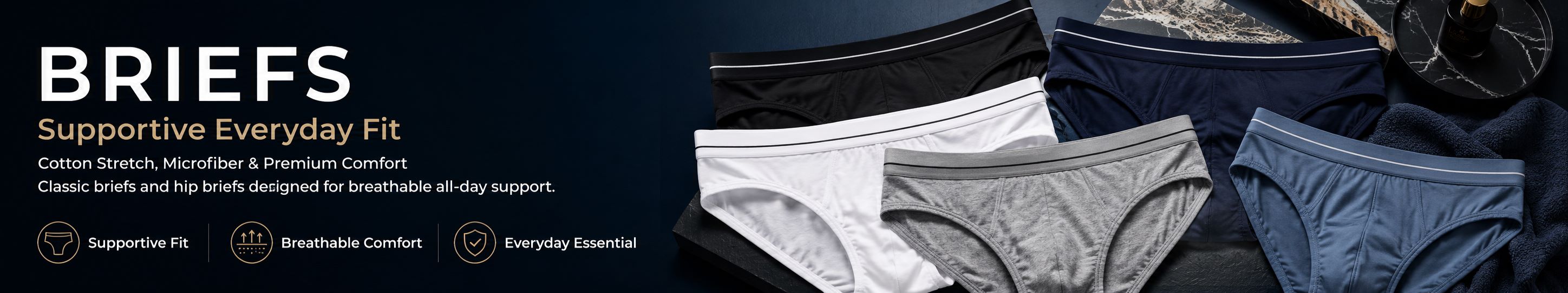 Men’s briefs and hip briefs collection featuring classic briefs, low-rise hip briefs and multipack underwear in cotton stretch, microfibre and performance fabrics