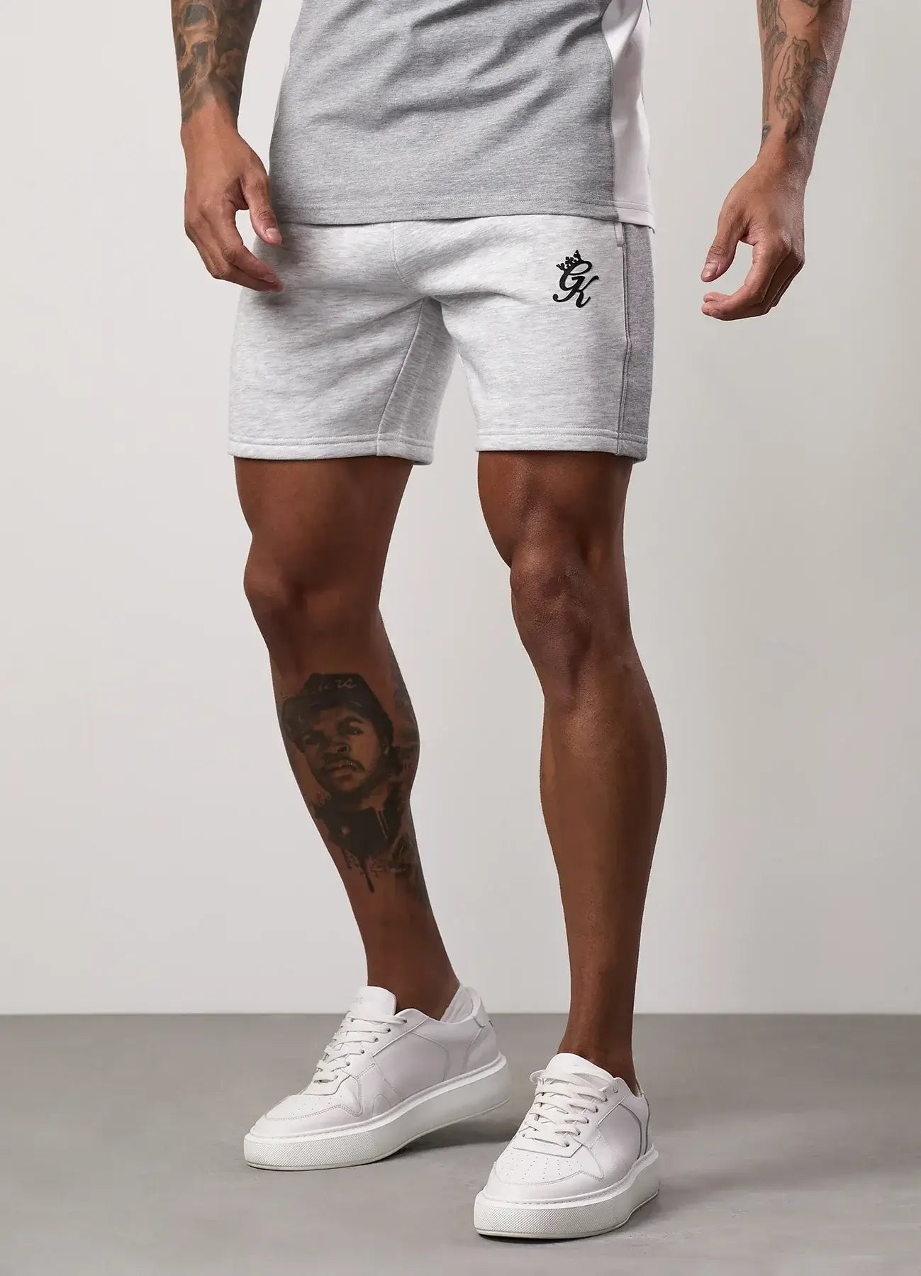 Gym King Contrast Panel Fleece Shorts - Snow Marl/Light Grey/White
