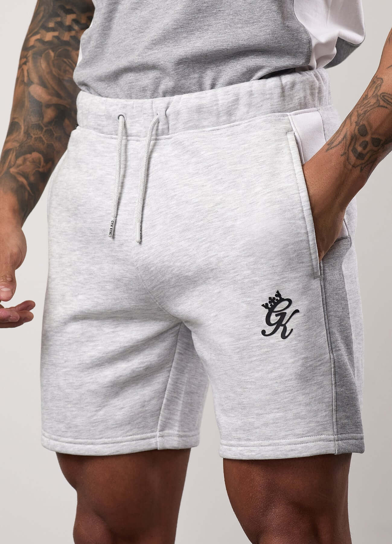 Gym King Contrast Panel Fleece Shorts - Snow Marl/Light Grey/White