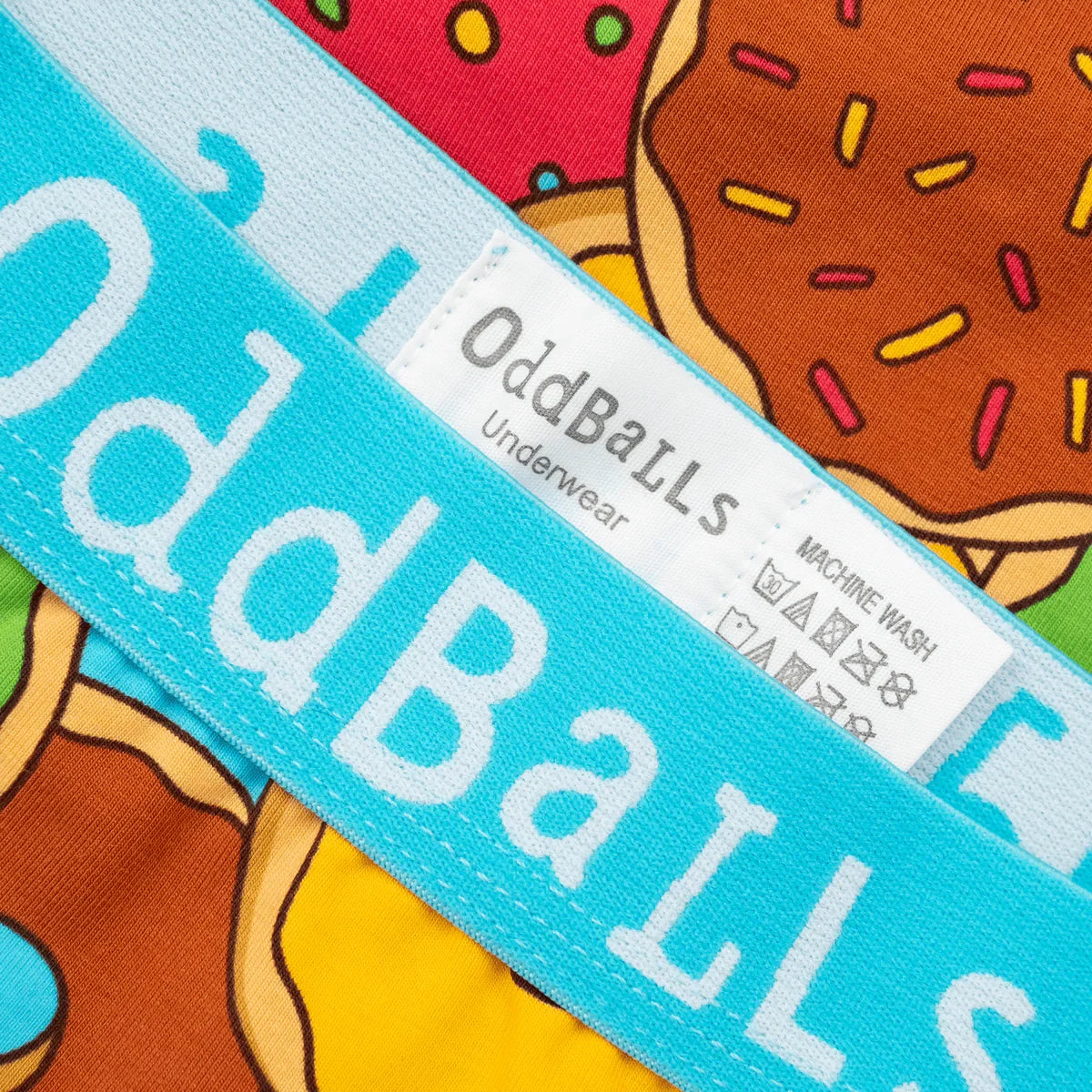 OddBalls Donuts boxer shorts branded turquoise waistband detail