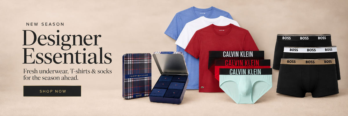 New Season Designer Essentials at Trunks & Boxers UK – Calvin Klein men's briefs, SAXX boxer briefs, Lacoste T-shirts and Tommy Hilfiger socks gift set.
