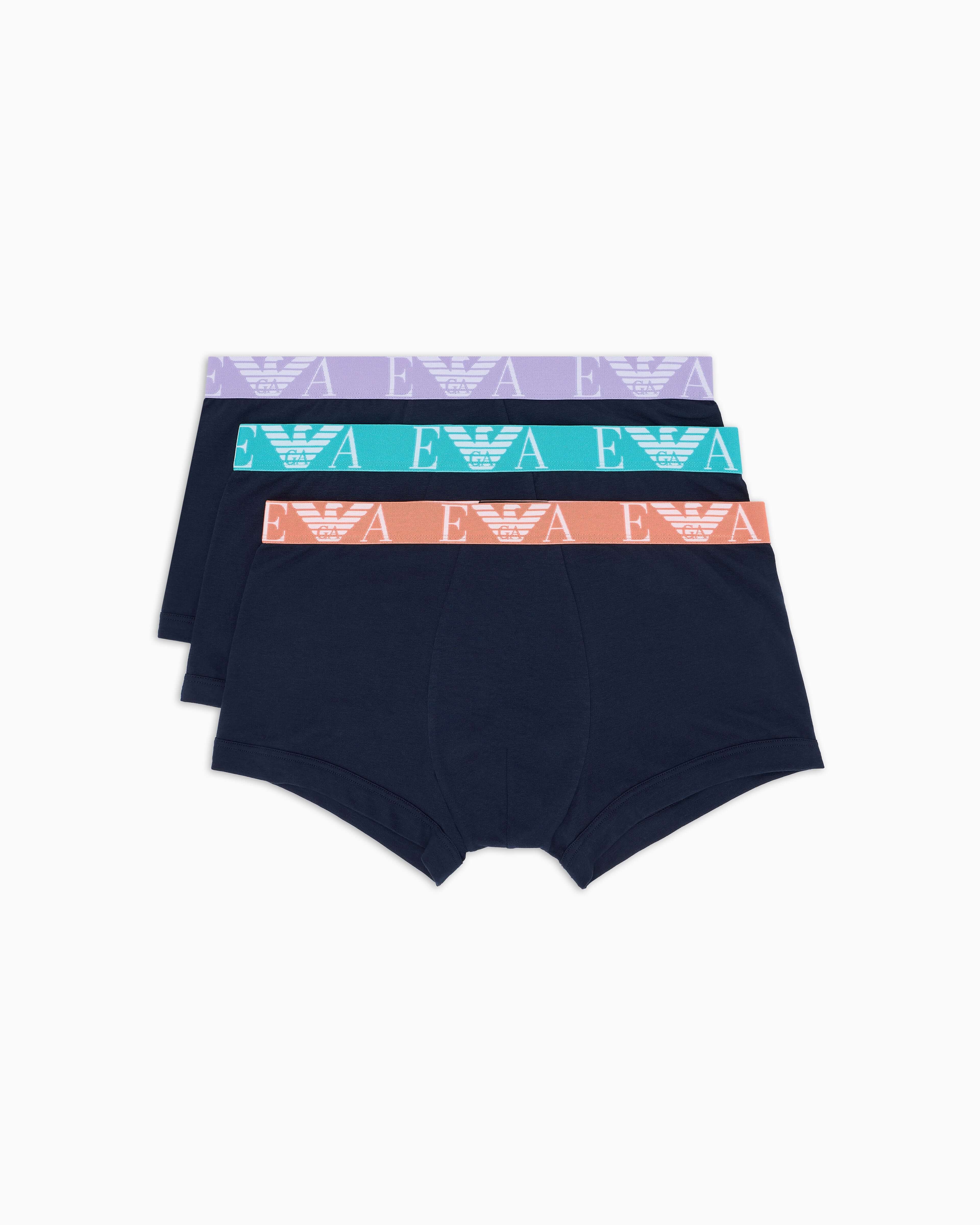 Emporio Armani 3 Pack Bold Monogram Logo Trunks – Stretch Cotton, Blue