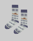 Pair of socks with fish and boat pattern on a wooden surface, featuring the brand 'Polar Star'.