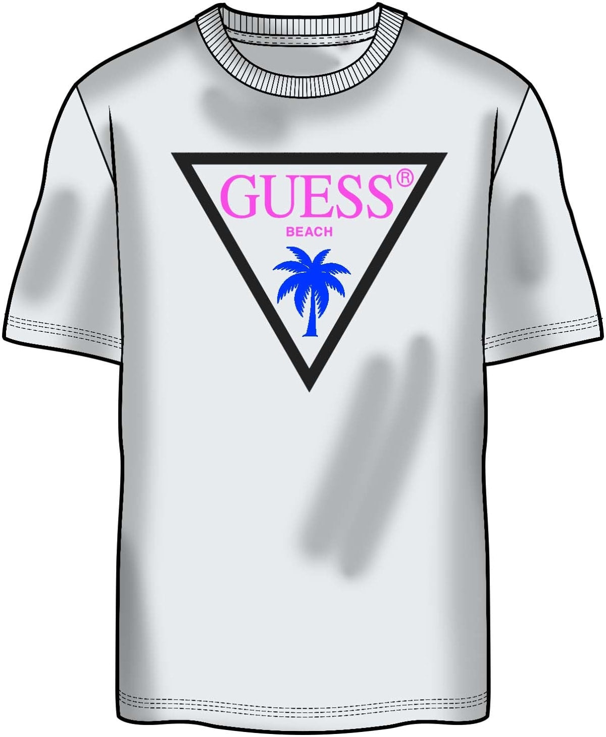 White t-shirt with Guess logo and palm tree design on a white background