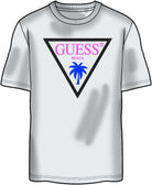 White t-shirt with Guess logo and palm tree design on a white background