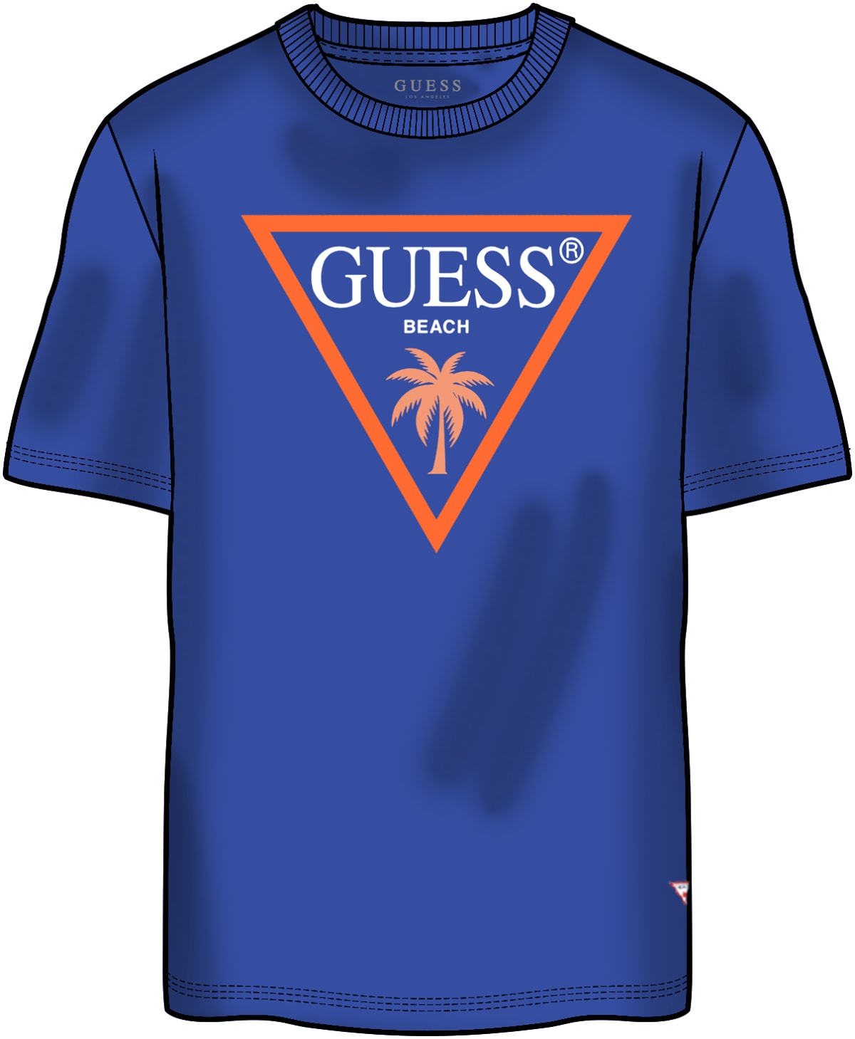 Blue t-shirt with Guess logo and palm tree design on a white background