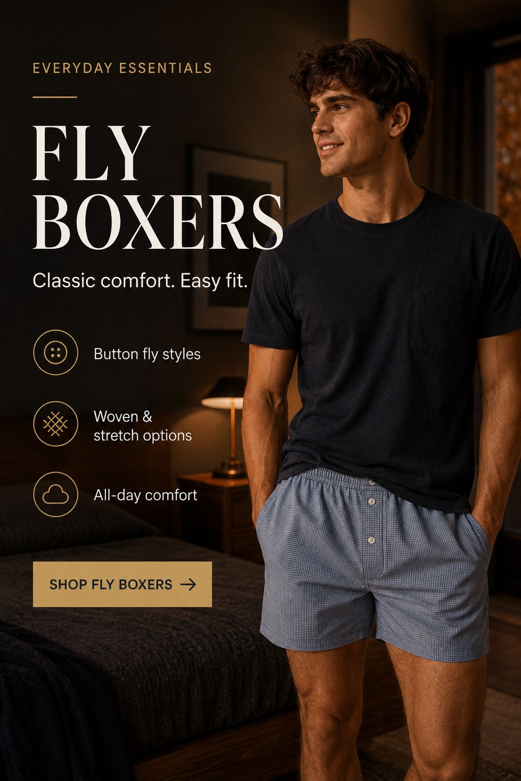 Men’s fly boxers with button and functional fly styles