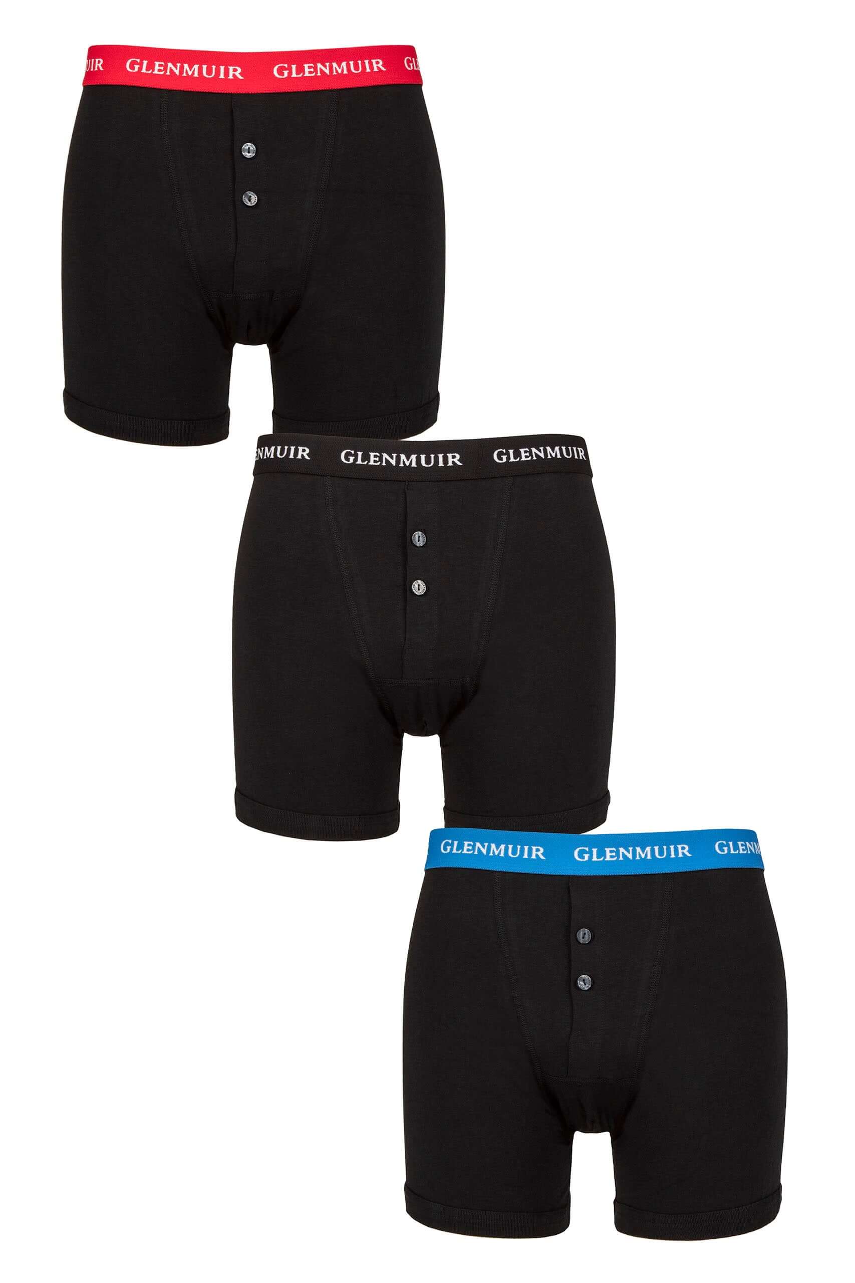 Glenmuir Mens 3 Pack William Button Front Cotton Boxers - Black, Multi