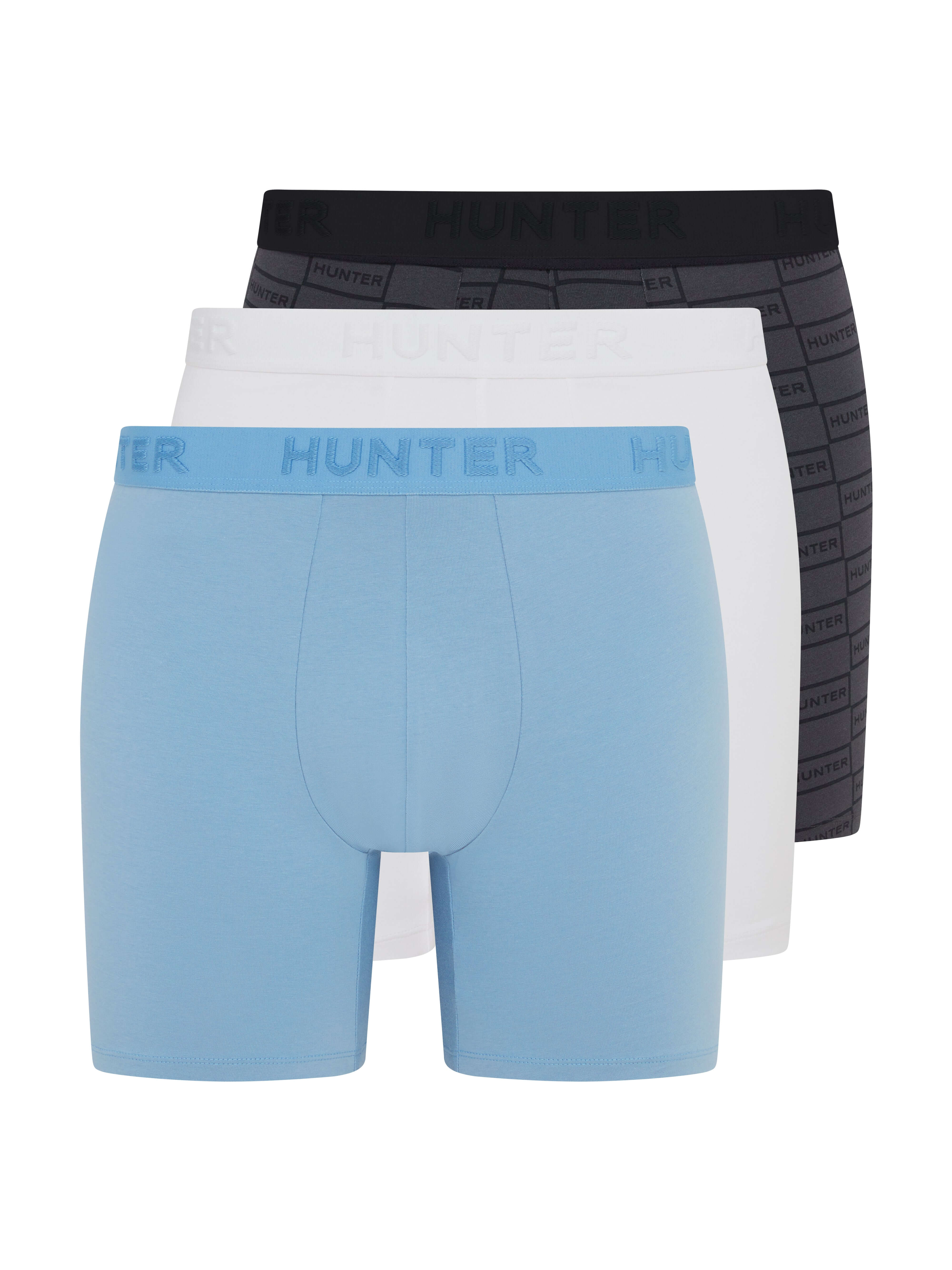 Hunter Men’s 3 Pack Embossed Logo Boxer Briefs – White/Blue/Night Sky
