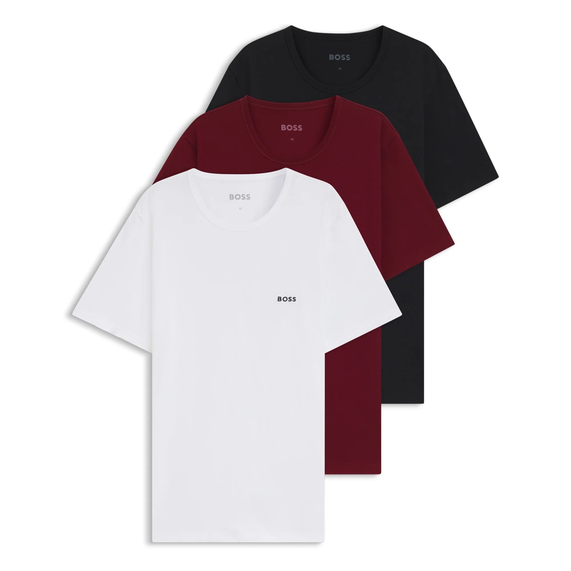 Three t-shirts in black, red, and white with 'BOSS' branding on a white background.