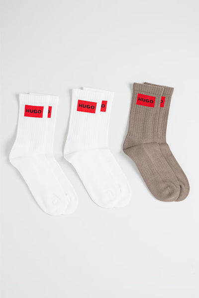 HUGO Quarter Socks 3-Pack – Ribbed Cotton with Red Logo Label