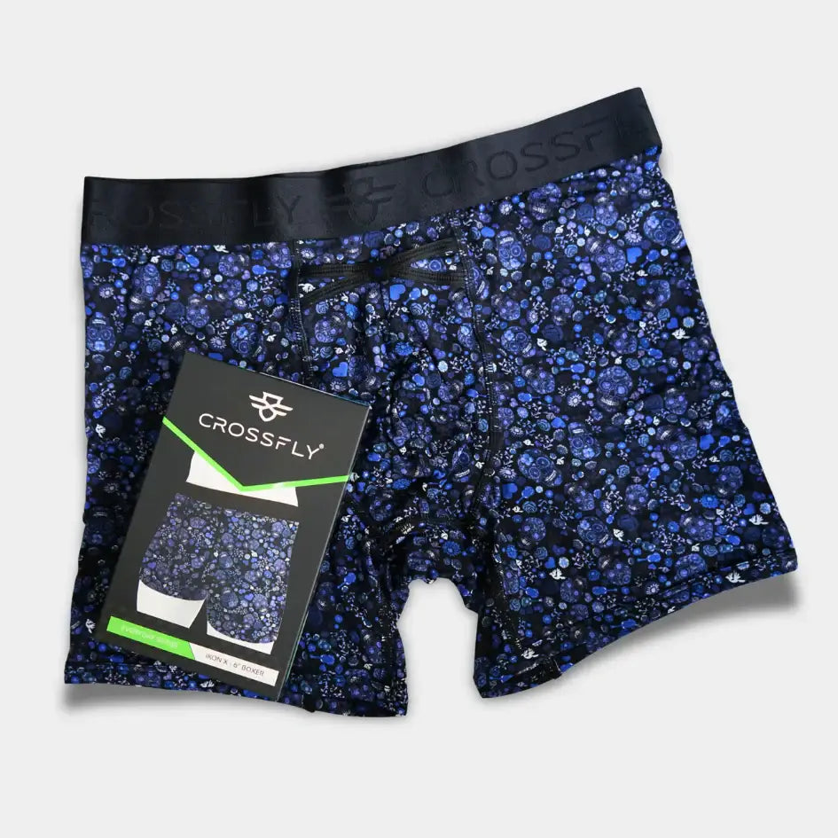 IKON Men’s 6" Boxers – Skulls & Hearts Blue| Crossfly Everyday Series