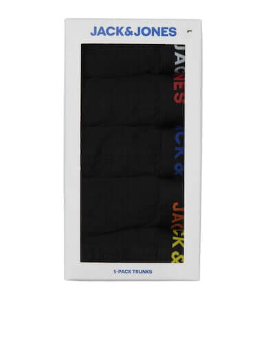Jack & Jones 5-Pack Cotton Stretch Trunks | Black with Coloured Logo Waistbands