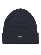 Navy blue beanie with a brand logo on a white background