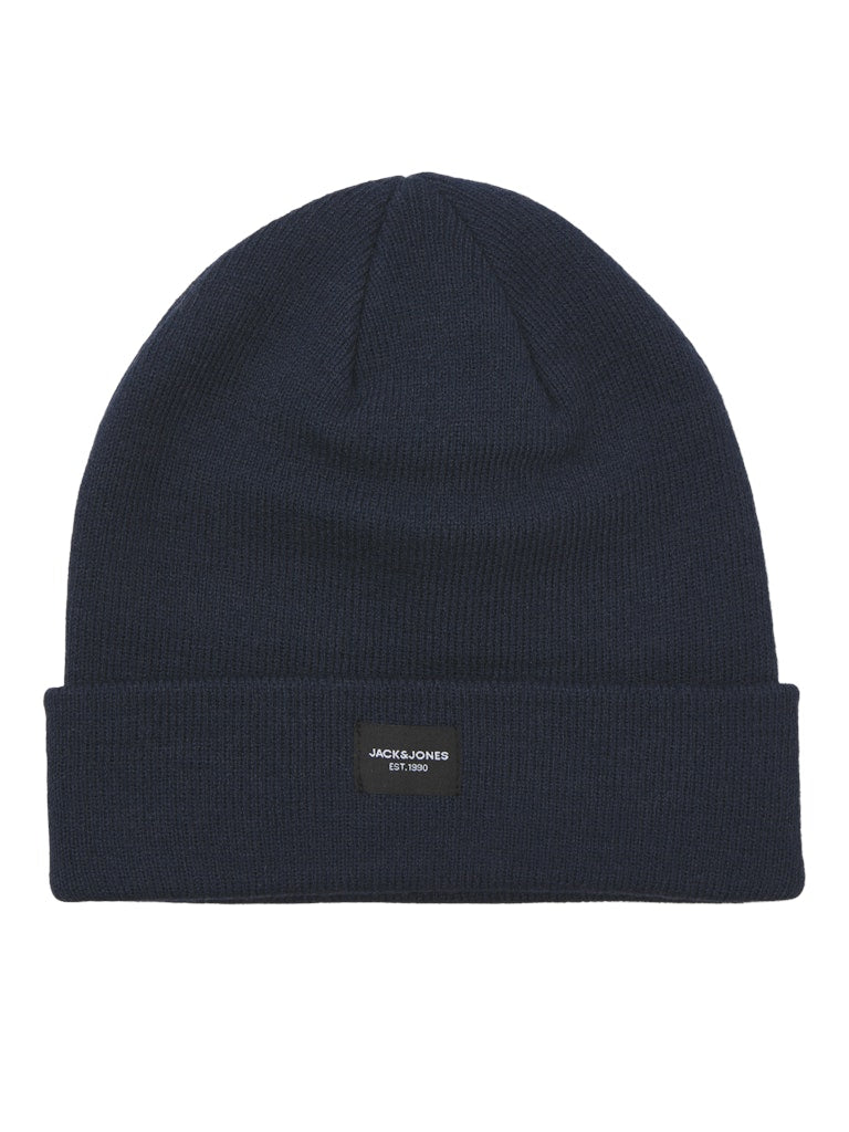 Navy blue beanie with a brand logo on a white background