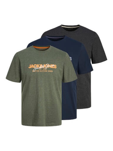 Jack & Jones 3 Pack JJalvis Crew Neck T-Shirts - Green/Blue/Charcoal