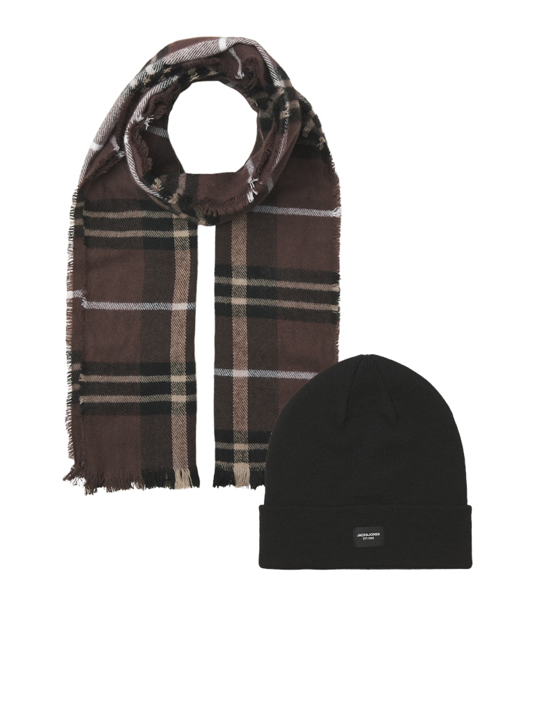 Plaid scarf and black beanie on a white background