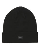 Black beanie with a brand label on a white background