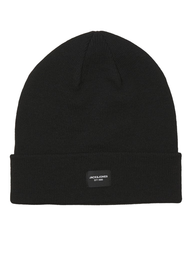 Black beanie with a brand label on a white background