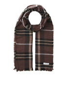 Plaid scarf with brown and beige pattern on a white background