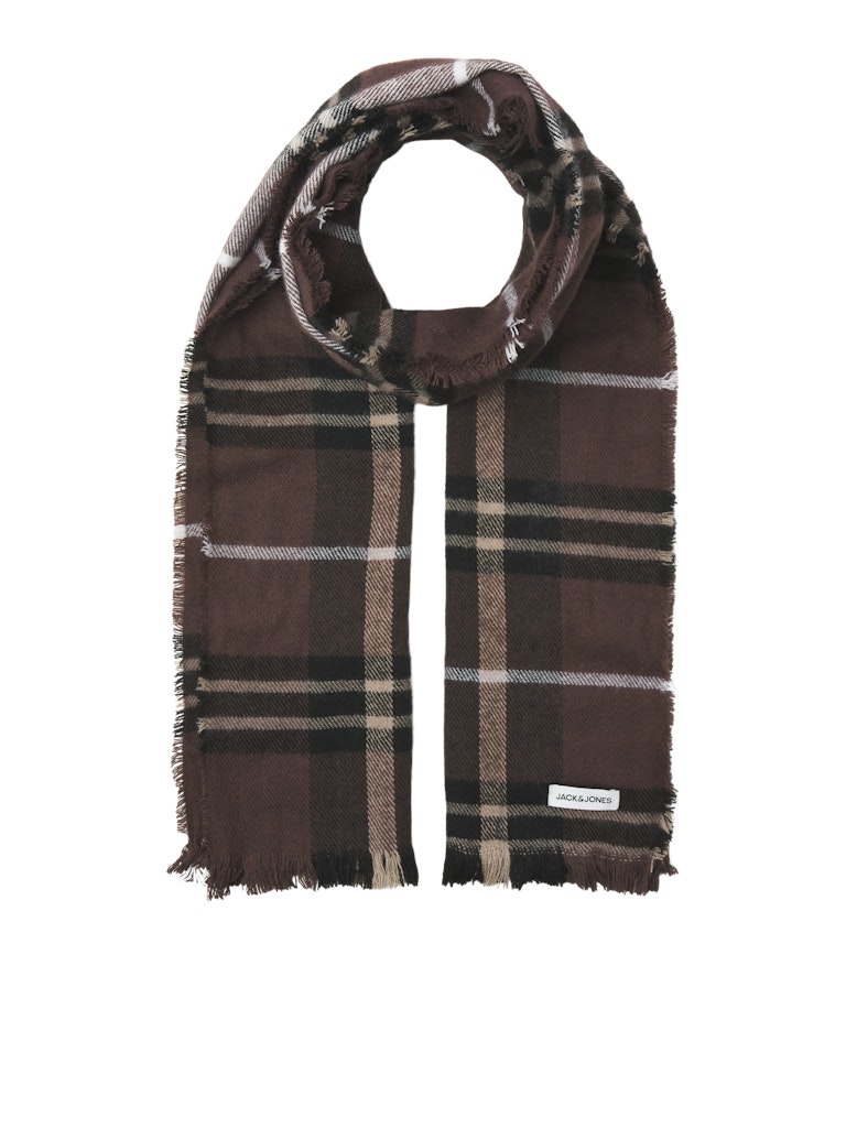 Plaid scarf with brown and beige pattern on a white background