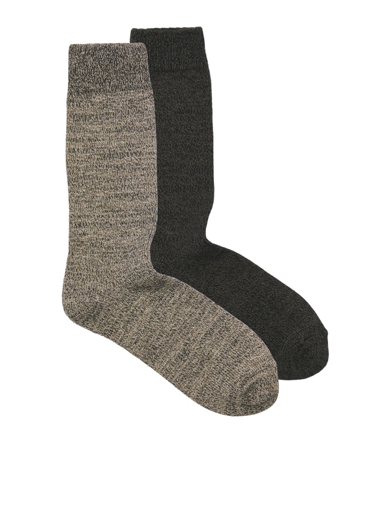 Two socks, one gray and one black, on a white background