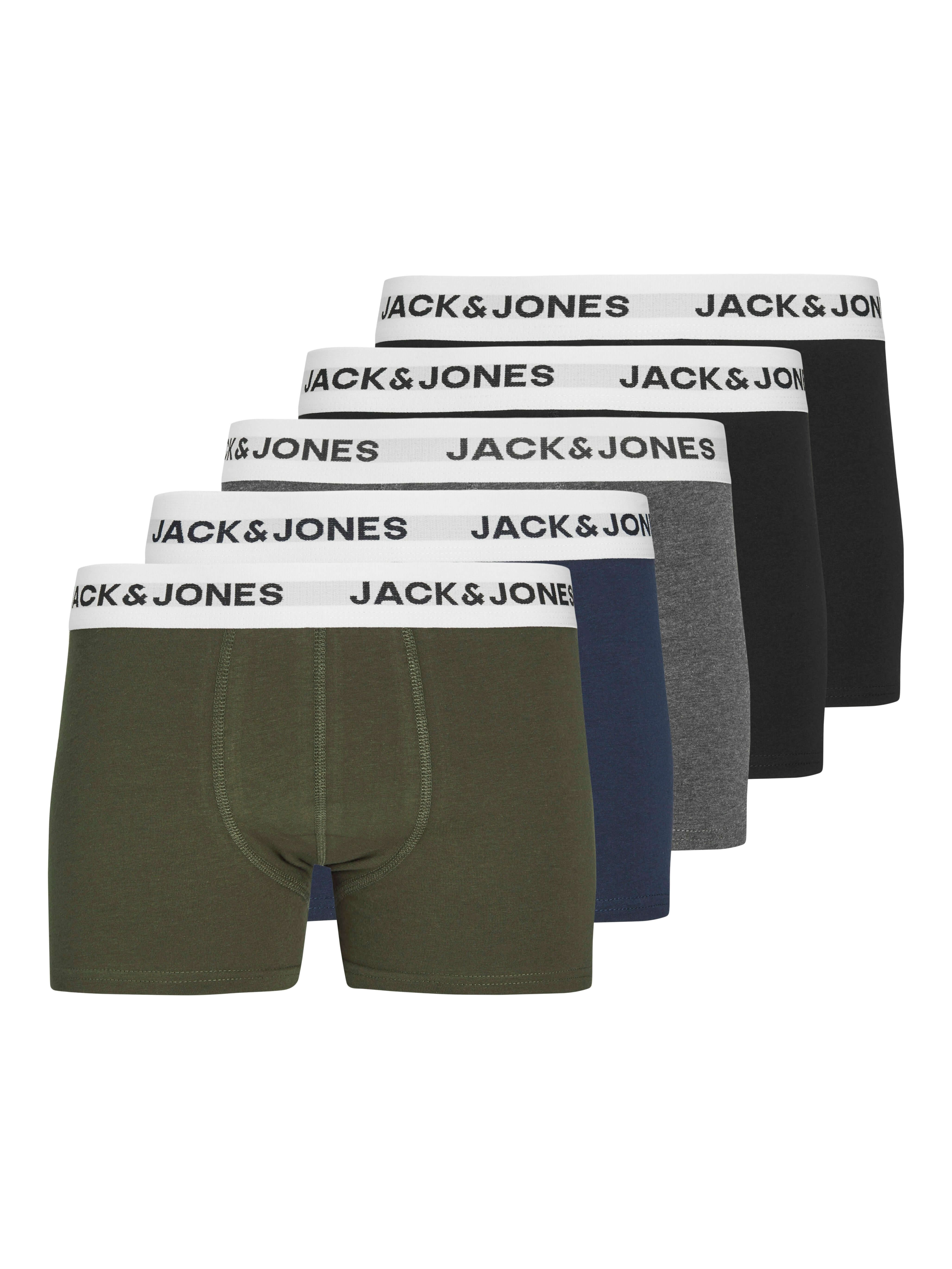 Jack & Jones Cotton Stretch Junior Trunks 5 Pack - Black / Grey / Navy / Olive