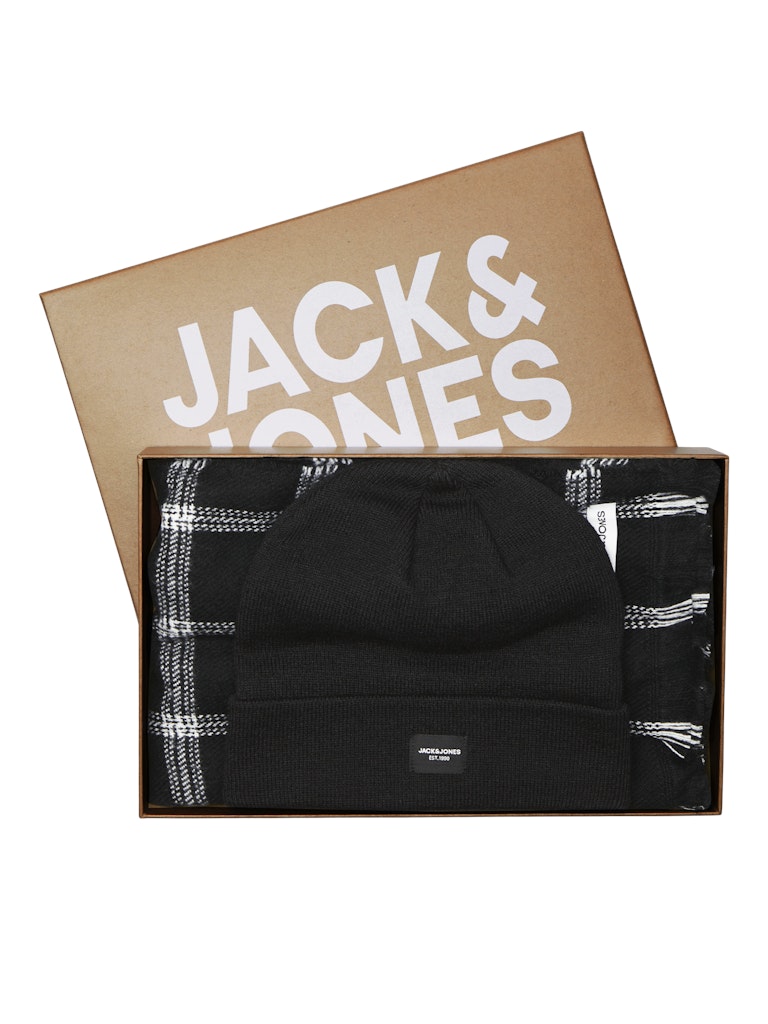Black beanie with plaid pattern inside a 'Jack & Jones' branded box on a white background
