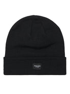 Black beanie with a brand label on a white background