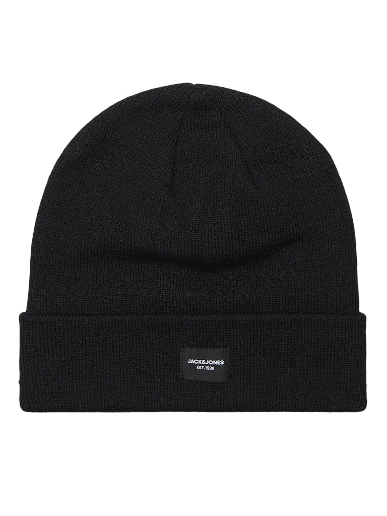 Black beanie with a brand label on a white background