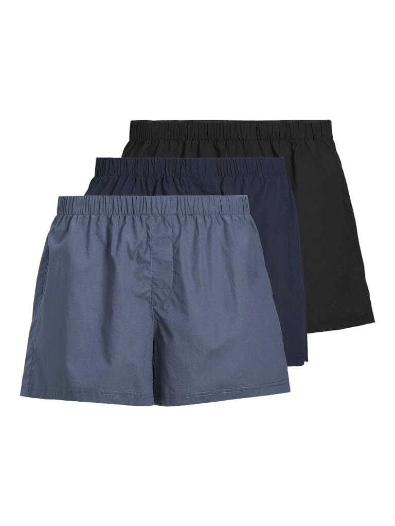 Jack & Jones Jacmilano 3 Pack Woven Boxers 100% Cotton - Indigo / Navy / Black