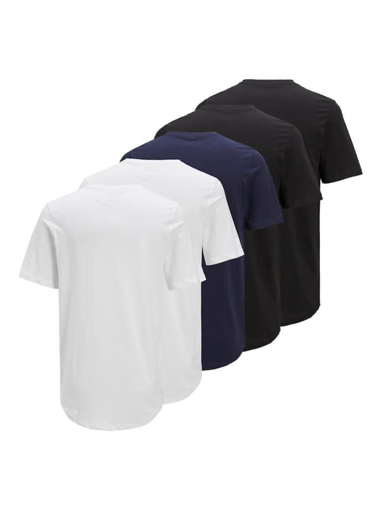 Jack & Jones 5 Pack JPRBLABRODY 100% Cotton Crew Neck T-Shirts - White/Navy/Black
