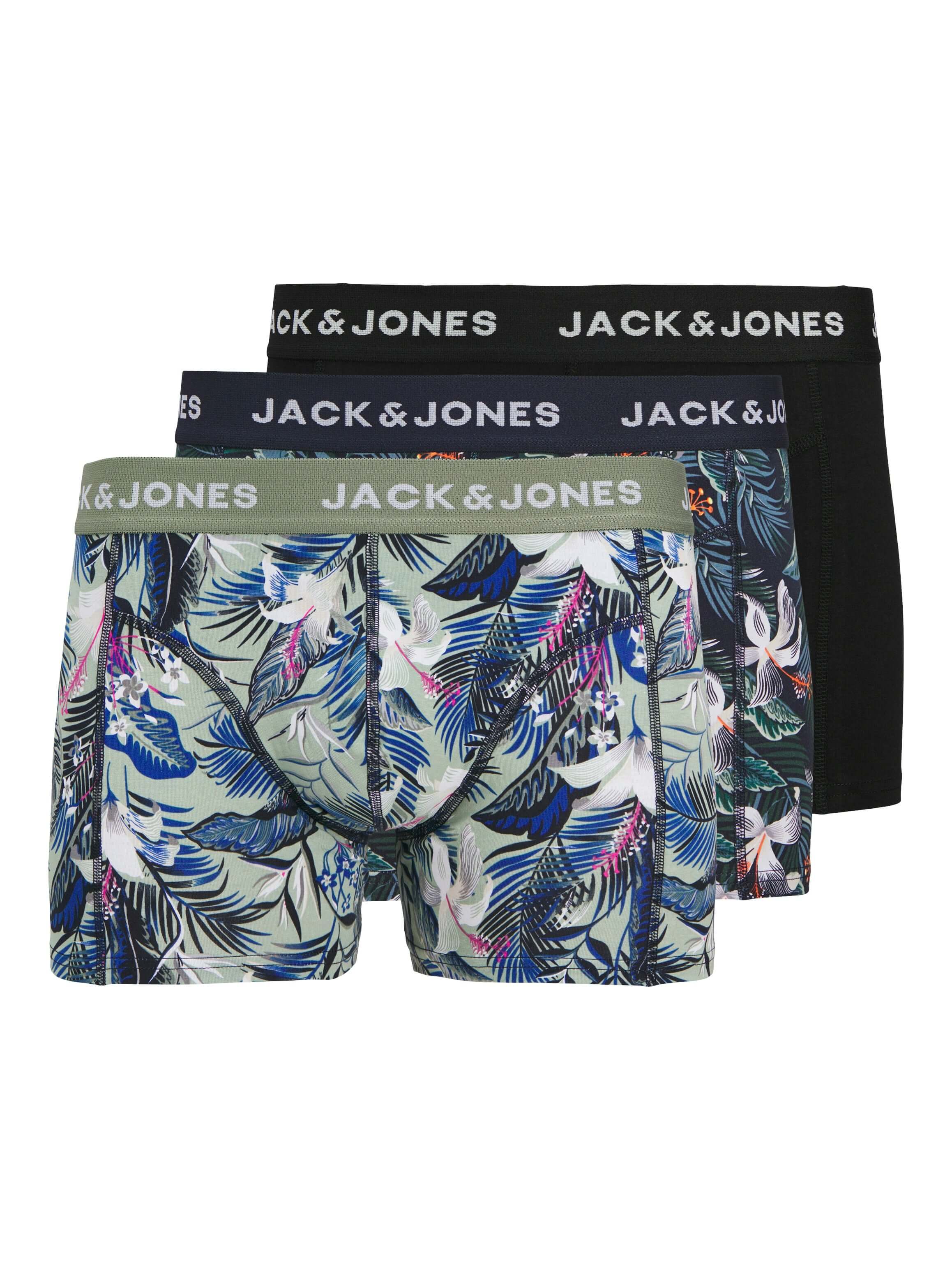 Jack & Jones Jacbrady Flower 3 Pack Cotton Stretch Trunks - Black / Multi Print