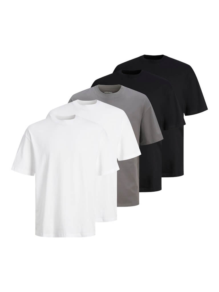 Jack & Jones Men’s 5-Pack JJHugo Crew Neck T-Shirts – 100% Cotton, Loose Fit