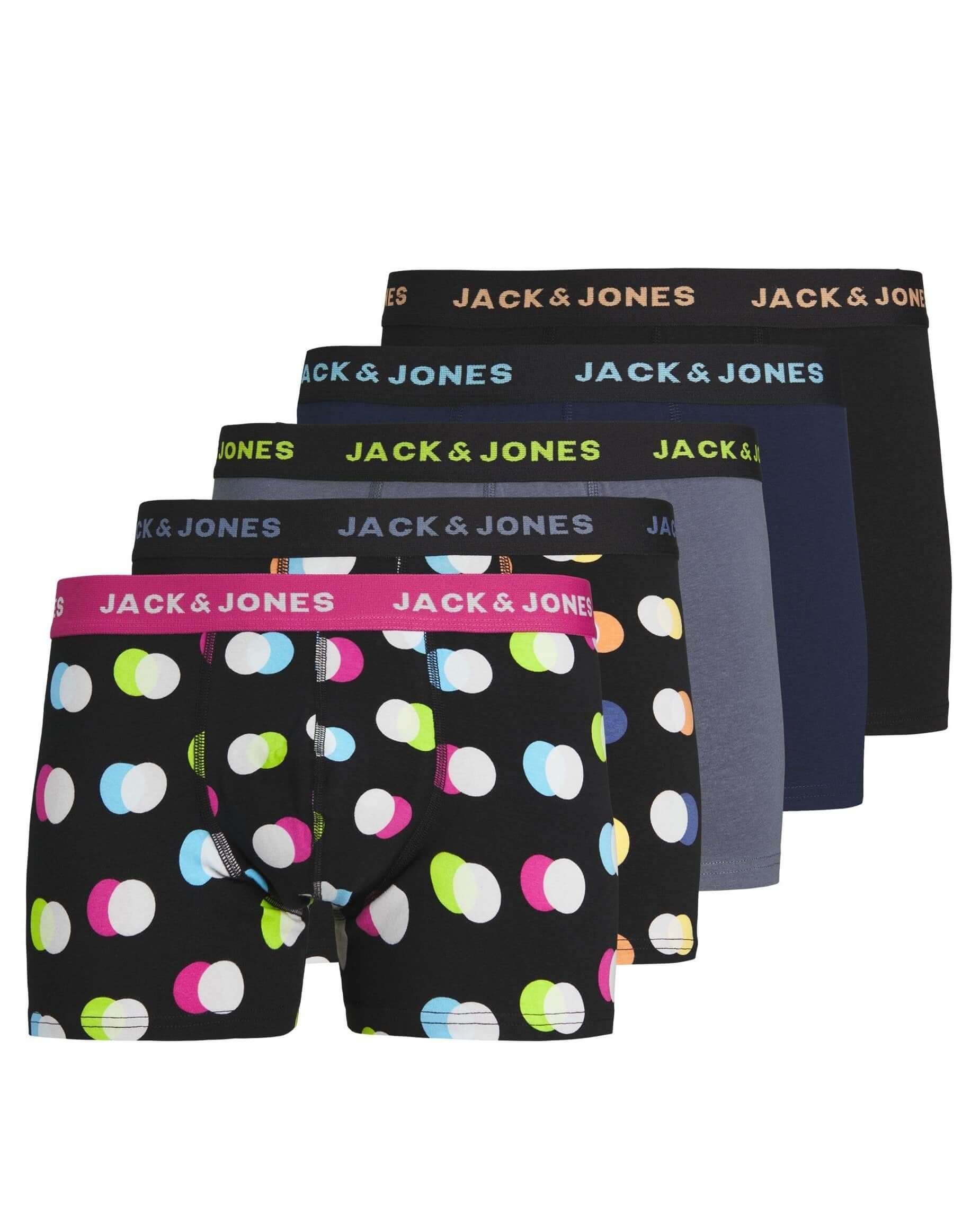 Jack & Jones Jacreese Trunks 5 Pack Cotton Stretch Boxers - Black, Print