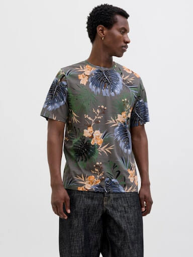 Jack & Jones 1 Pack JJHAWAII AOP Crew Neck 100% Cotton T-Shirt