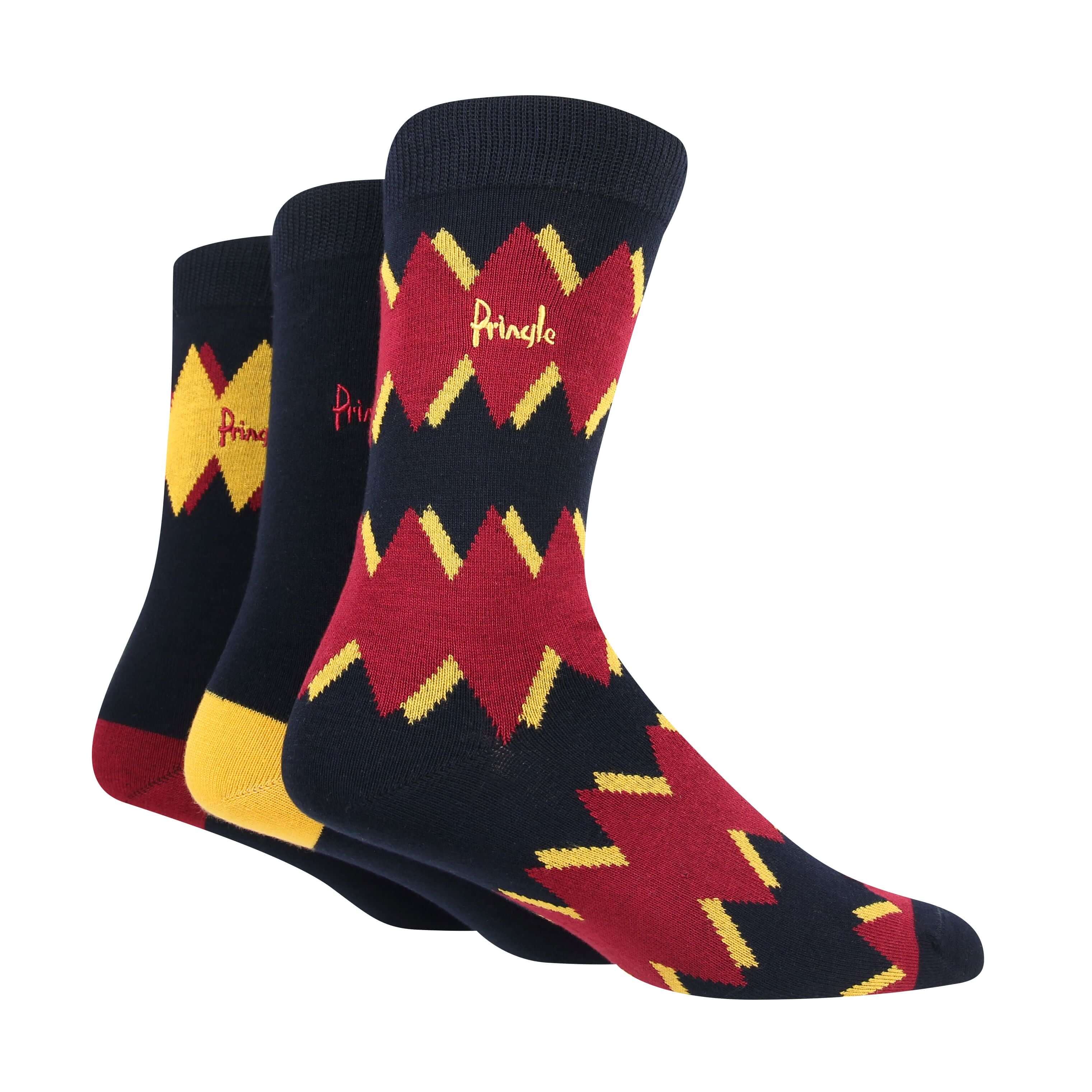 Pringle 3 Pair Bamboo Jacquard Socks - Navy With Red Zig Zag Stripes
