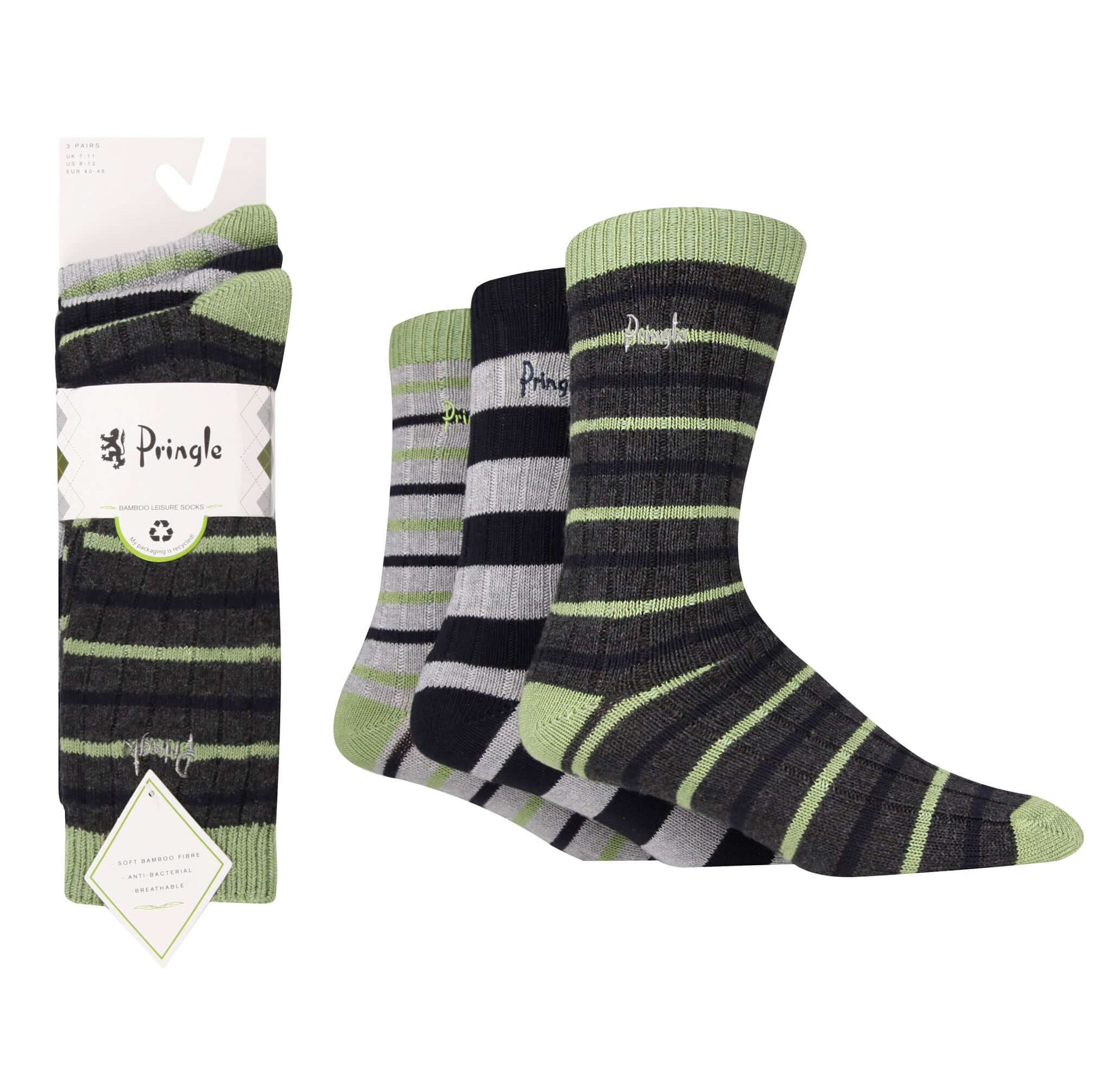 Pringle 3 Pair Men's Bamboo Rib Leisure Socks - Green/Charcoal/Grey Stripes