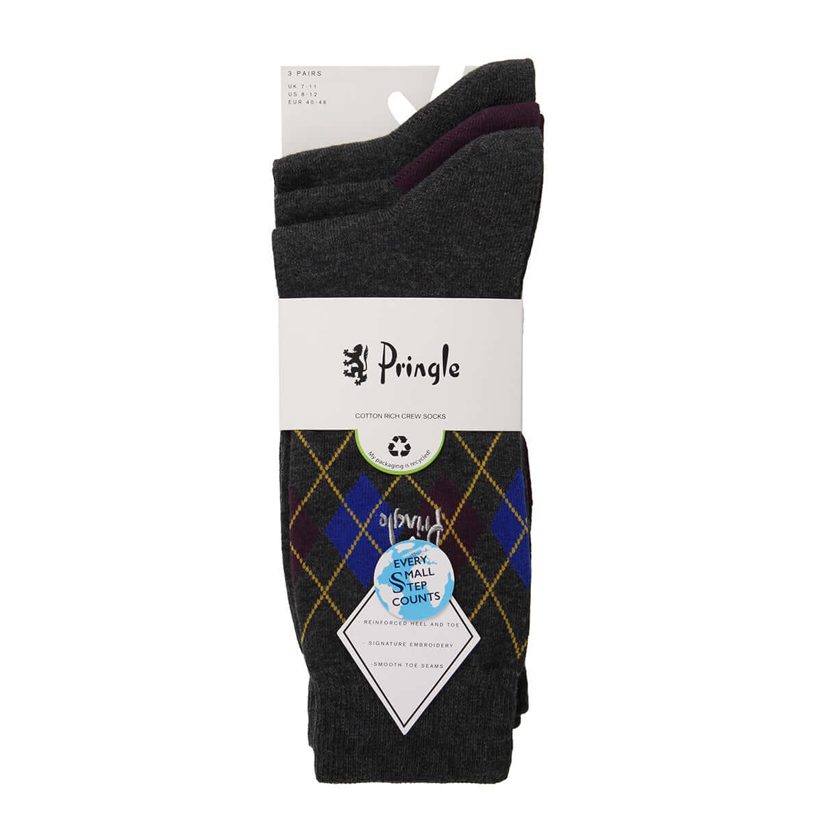 Pringle 3 Pack Cotton and Recycled Polyster Men's Arglye Socks - Size ( 7-11 )