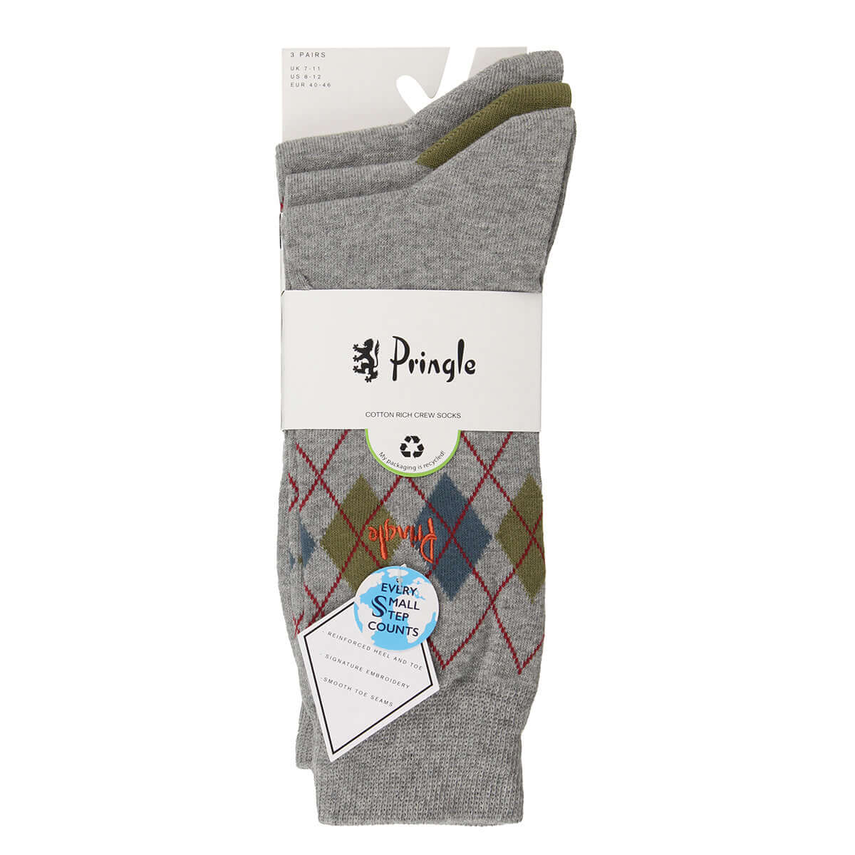 Pringle 3 Pack Cotton and Recycled Polyster Men's Arglye Socks - Size ( 7-11 )