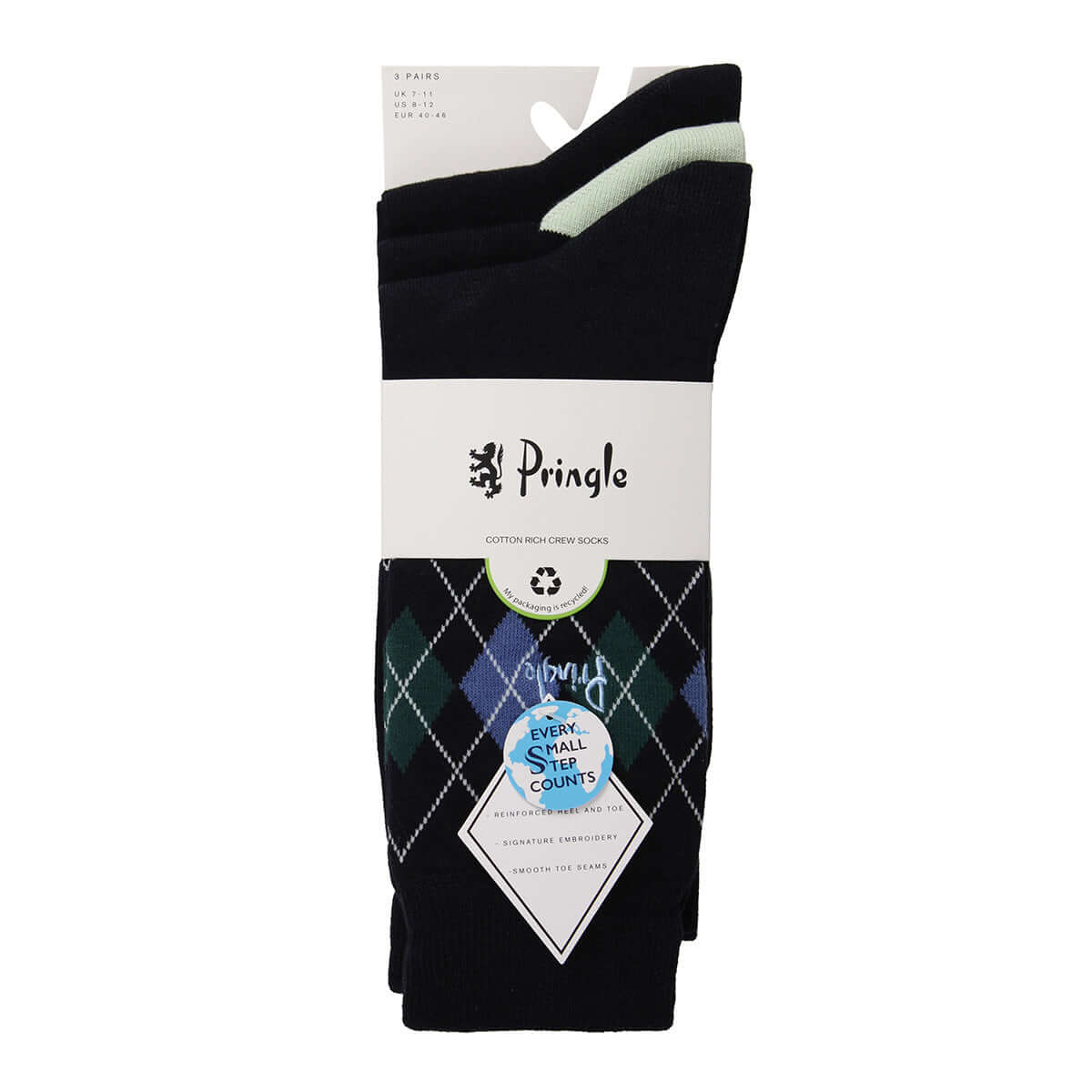 Pringle 3 Pack Cotton and Recycled Polyster Men's Arglye Socks - Size ( 7-11 )